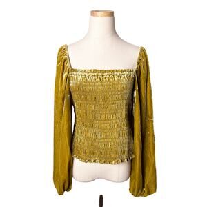 by anthropologie gold velvet smocked balloon puff long sleeve blouse top